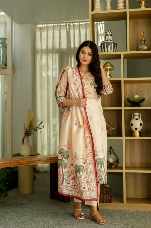 Dusty Rose Kurta Set with Floral Print Dupatta