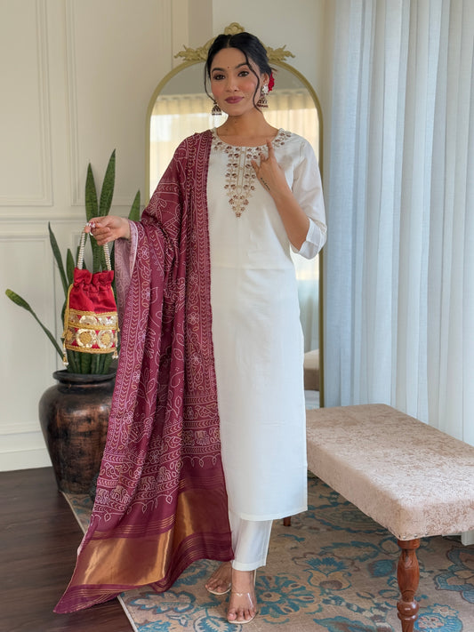 White Kurta Set with Maroon Banarasi Dupatta