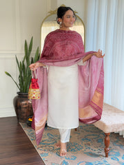White Kurta Set with Maroon Banarasi Dupatta