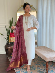 White Kurta Set with Maroon Banarasi Dupatta