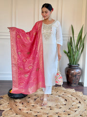 White Silk Kurta Set with Rani Pink Banarasi Dupatta