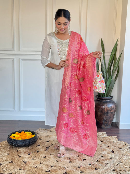 White Silk Kurta Set with Rani Pink Banarasi Dupatta