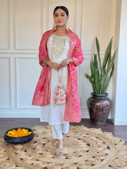 White Silk Kurta Set with Rani Pink Banarasi Dupatta