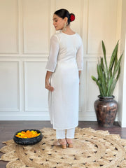 White Silk Kurta Set with Rani Pink Banarasi Dupatta