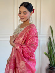 White Silk Kurta Set with Rani Pink Banarasi Dupatta