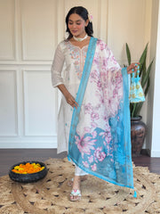 White Kurta Set with Blue Floral Dupatta
