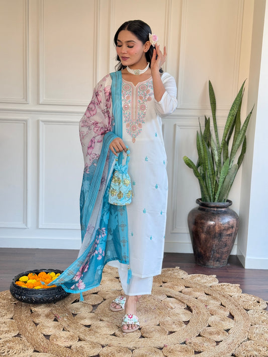 White Kurta Set with Blue Floral Dupatta