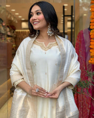 Rani pink silk kurta set with banarasi dupatta