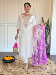 White Kurta Set with Blue Floral Dupatta