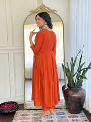 Rust Orange Embroidered Kurta Set with Printed Dupatta