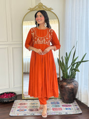 Rust Orange Embroidered Kurta Set with Printed Dupatta