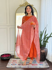Rust Orange Embroidered Kurta Set with Printed Dupatta