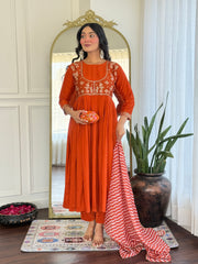 Rust Orange Embroidered Kurta Set with Printed Dupatta