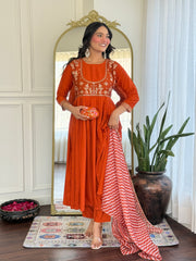 Rust Orange Embroidered Kurta Set with Printed Dupatta