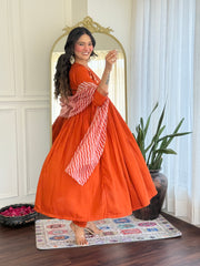 Rust Orange Embroidered Kurta Set with Printed Dupatta