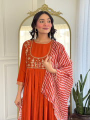 Rust Orange Embroidered Kurta Set with Printed Dupatta