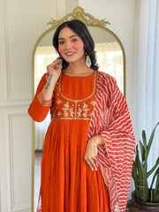 Rust Orange Embroidered Kurta Set with Printed Dupatta