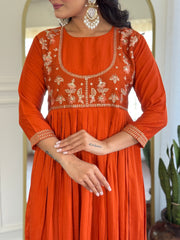 Rust Orange Embroidered Kurta Set with Printed Dupatta