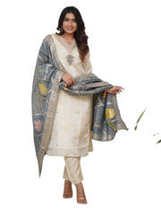 Ivory Silk Kurta Set with Grey Banarasi Dupatta