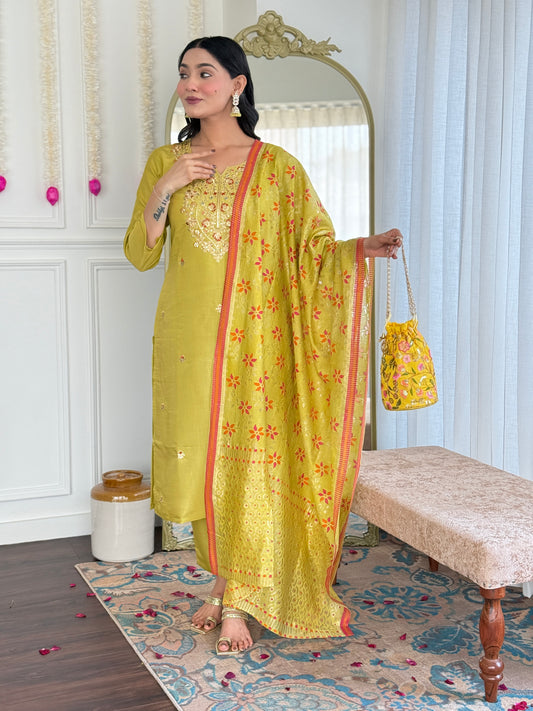 Lime Green Embroidered Kurta Set with Printed Dupatta