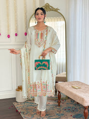 White embroidered kurta set with green clutch
