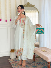 White embroidered kurta set with green clutch