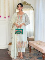 White embroidered kurta set with green clutch