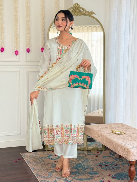 Ivory Embroidered Kurta Set with Dupatta