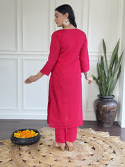 Rani Pink Silk Kurta Set with Floral Dupatta