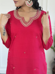 Rani Pink Silk Kurta Set with Floral Dupatta