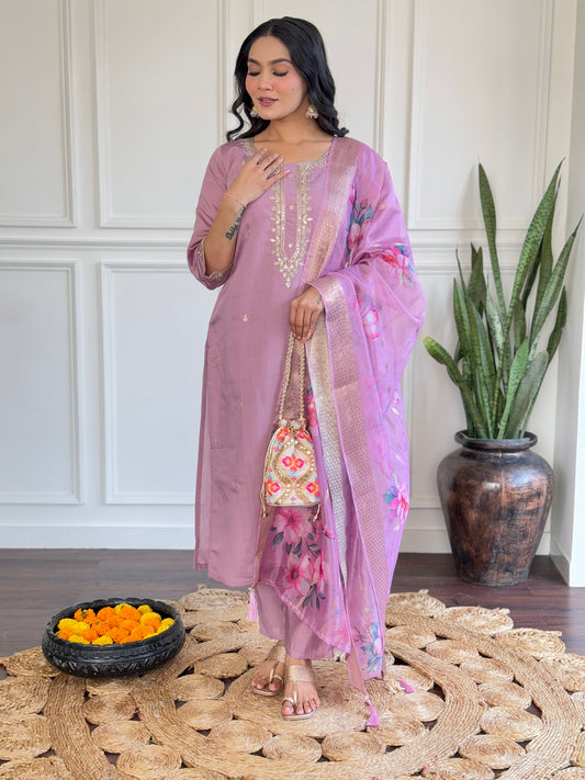 Lavender Silk Kurta Set with Floral Dupatta