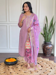 Lavender Silk Kurta Set with Floral Dupatta