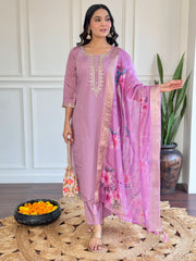 Lavender Silk Kurta Set with Floral Dupatta