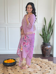Lavender Silk Kurta Set with Floral Dupatta
