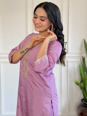 Lavender Silk Kurta Set with Floral Dupatta