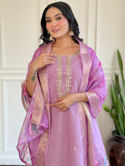 Lavender Silk Kurta Set with Floral Dupatta