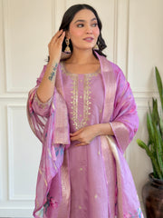 Lavender Silk Kurta Set with Floral Dupatta