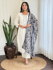 White Kurta Set with Black Printed Dupatta