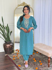 Teal Blue Kurta Set with Printed Dupatta