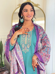 Teal Blue Kurta Set with Printed Dupatta