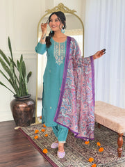 Teal Blue Kurta Set with Printed Dupatta