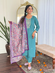 Teal Blue Kurta Set with Printed Dupatta