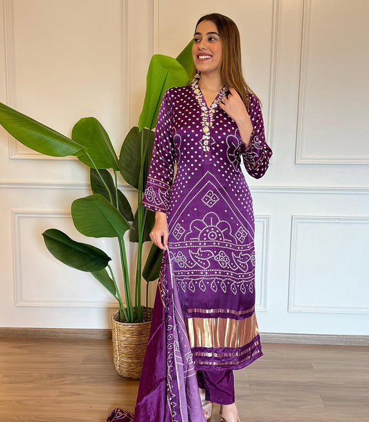 Purple Kurta Set with Bandhani Print