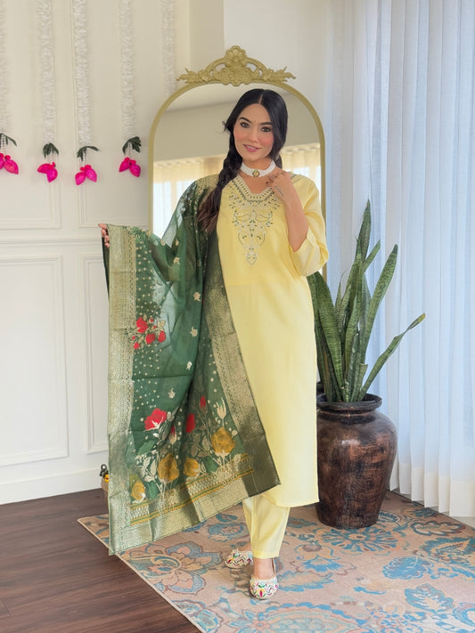 Lemon Yellow Kurta Set with Green Banarasi Dupatta