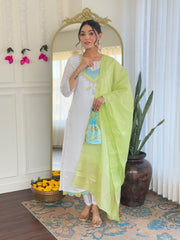 White Kurta Set with Lime Dupatta