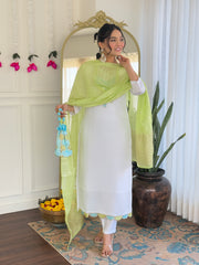 White Kurta Set with Lime Dupatta