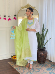 White Kurta Set with Lime Dupatta