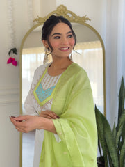 White Kurta Set with Lime Dupatta