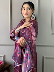 Rani Pink Silk Kurta Set with Banarasi Dupatta