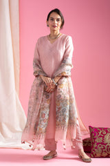 Dusty Rose Kurta Set with Floral Print Dupatta
